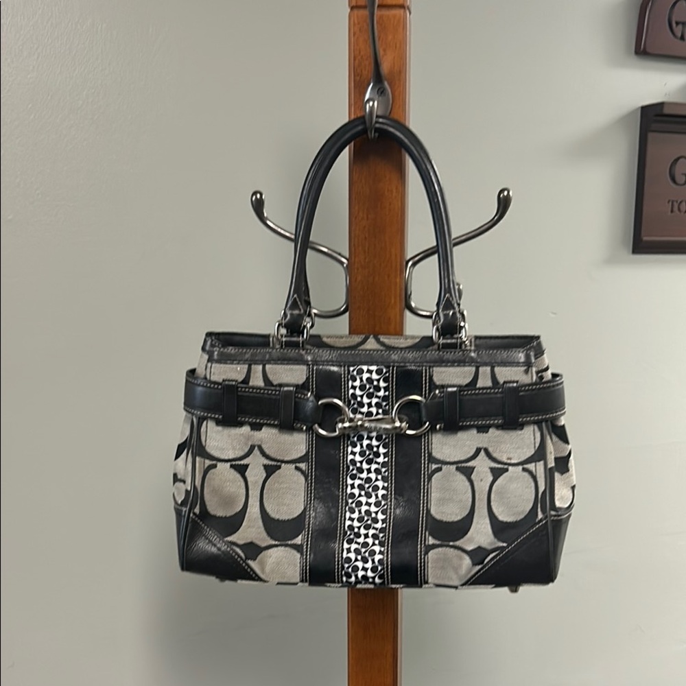 Coach Black & Gray Signature Canvas Satchel with Center Accent